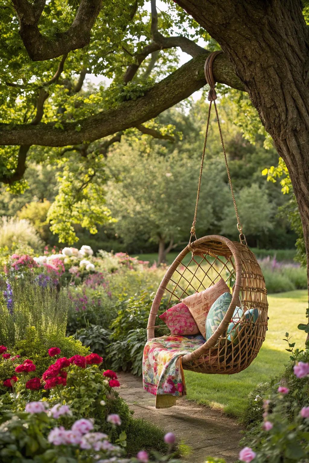 A bohemian rattan suspension seat infuses charm into this garden escape.