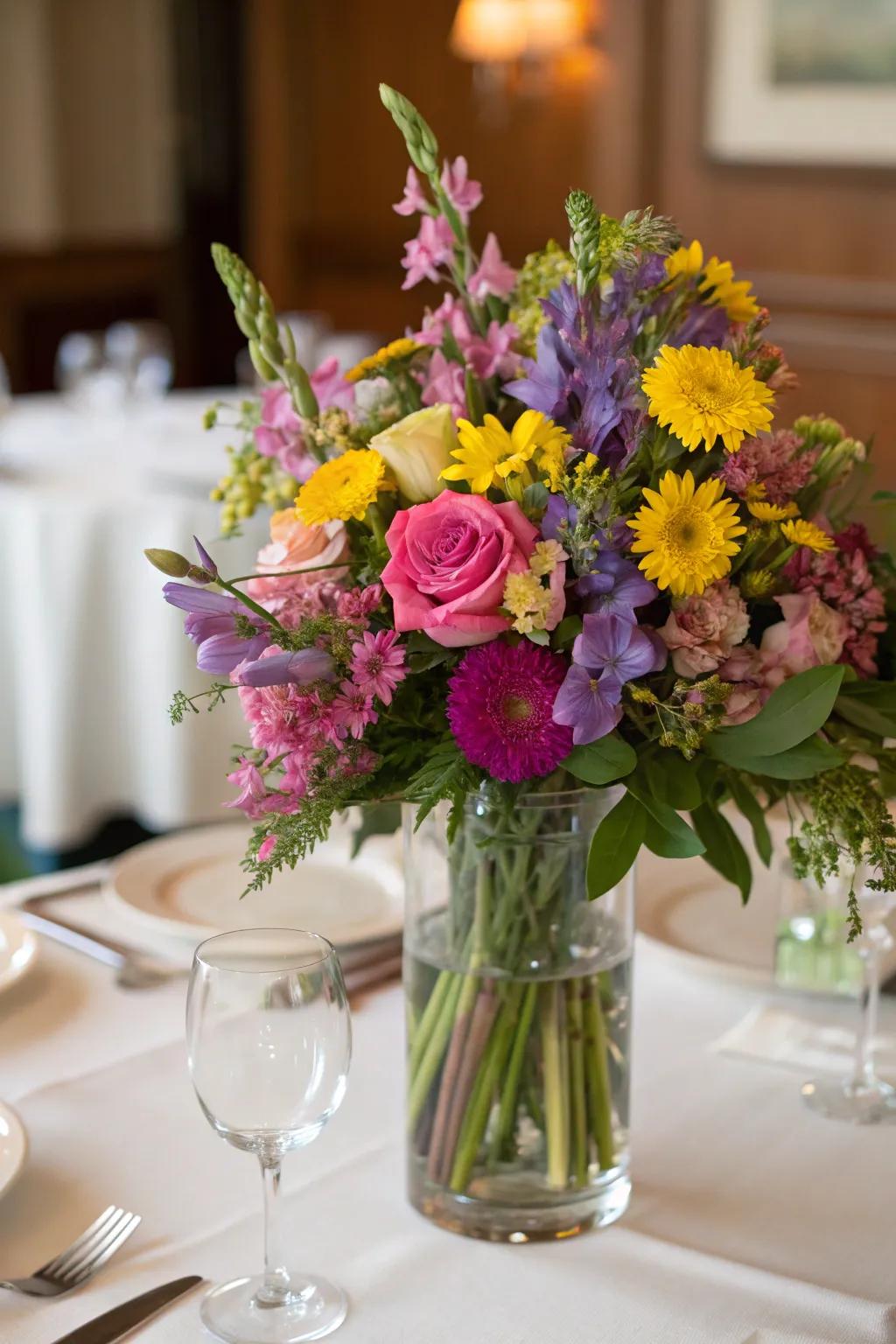 A vibrant display of flowers that brightens up the dining table.