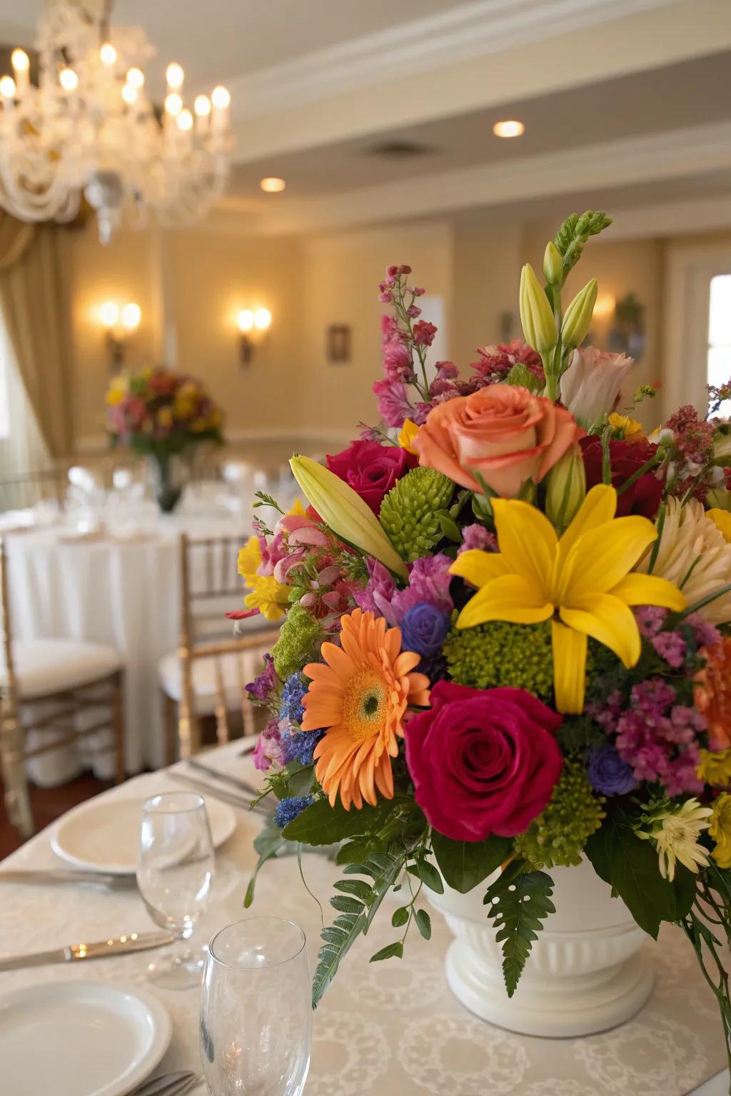 A dynamic centerpiece showcasing an assortment of peonies, roses, and dahlias.