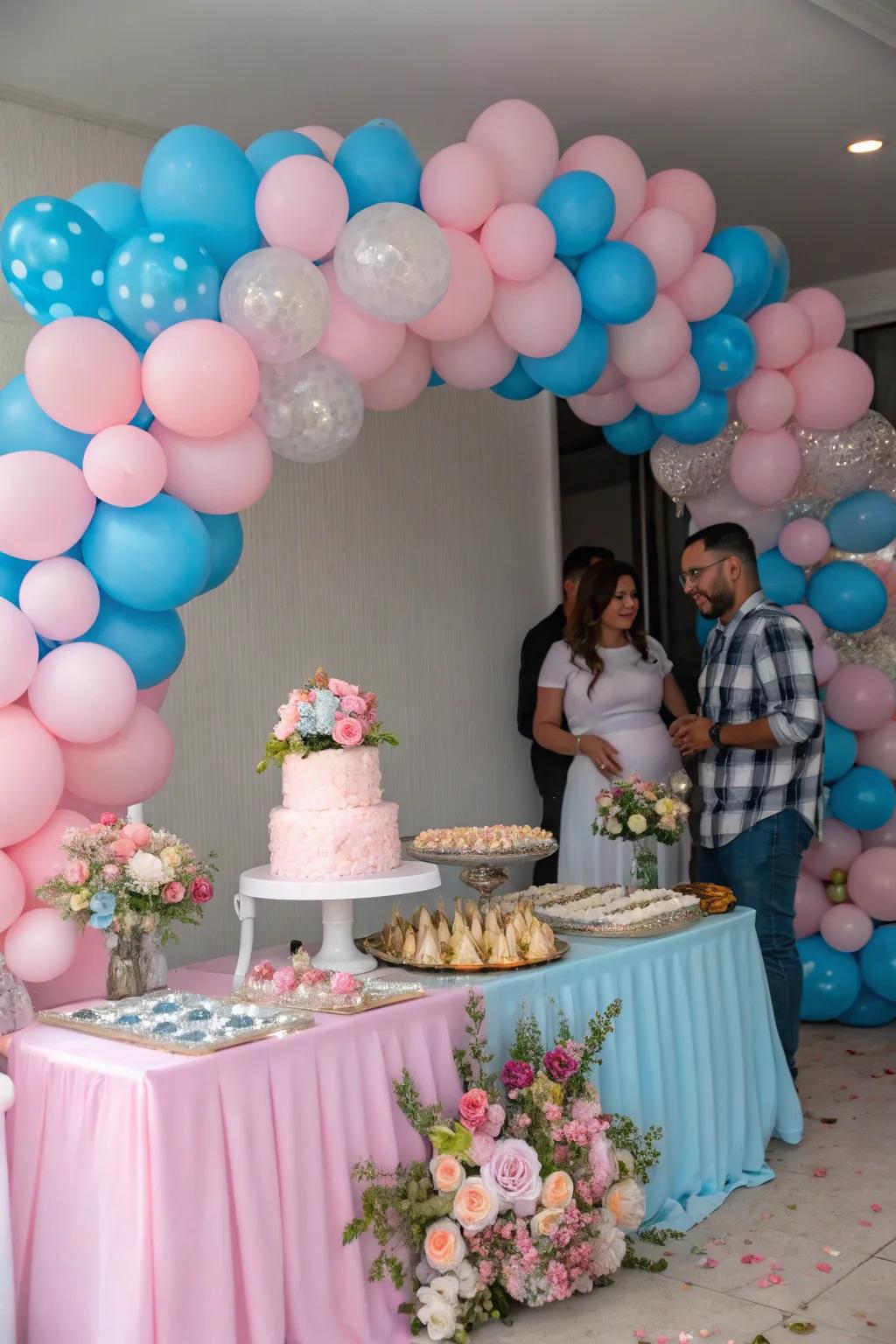 A stunning balloon archway crafts a joyous ambiance ideal for your gender reveal celebration.