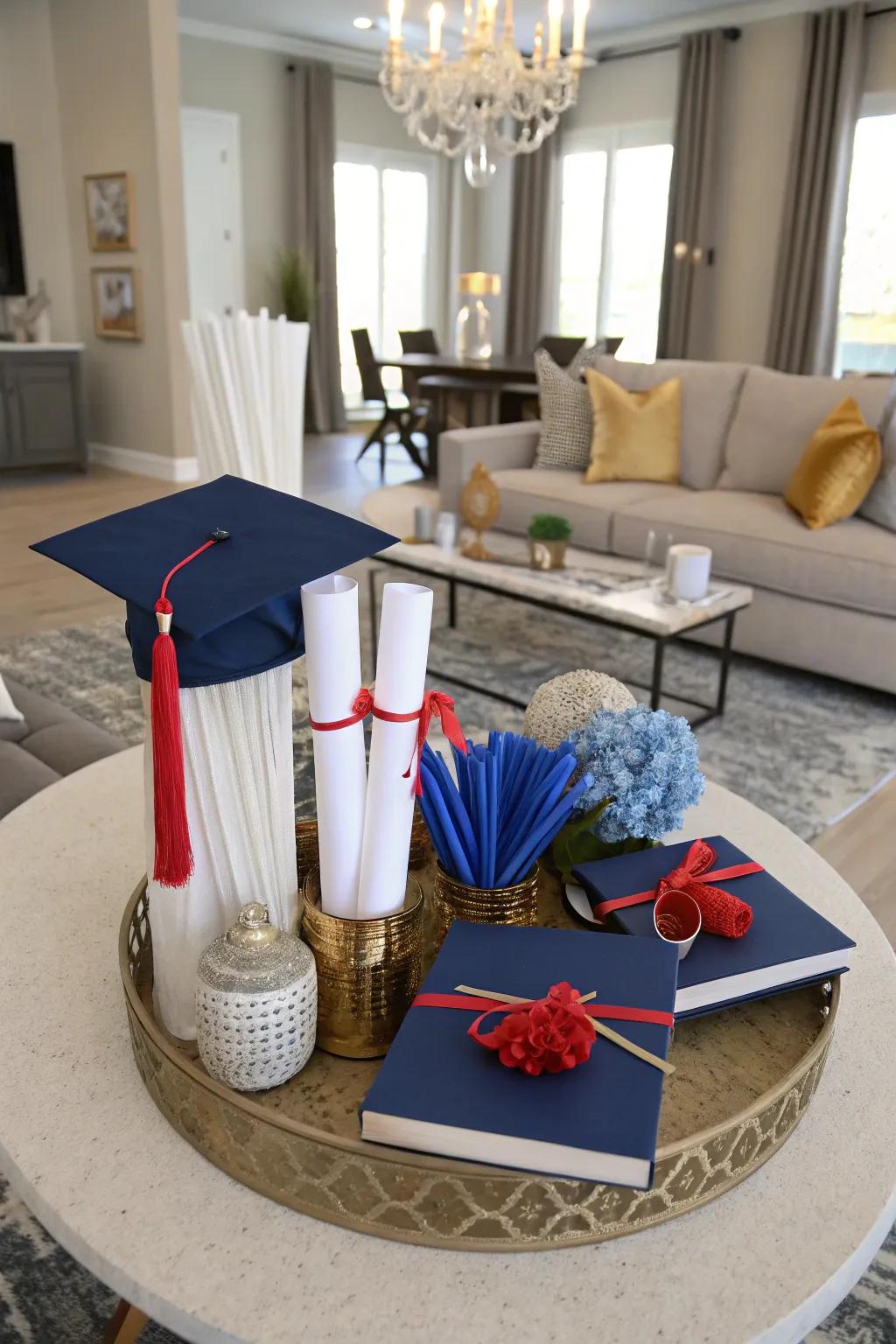 Elegant centerpieces incorporating school colors and miniature diplomas enhance the celebratory atmosphere.