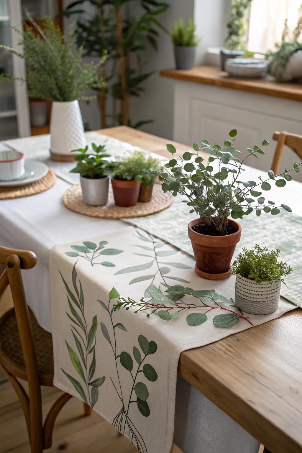 A nature-inspired table runner featuring lush greenery, perfect for a revitalizing dining ambiance.