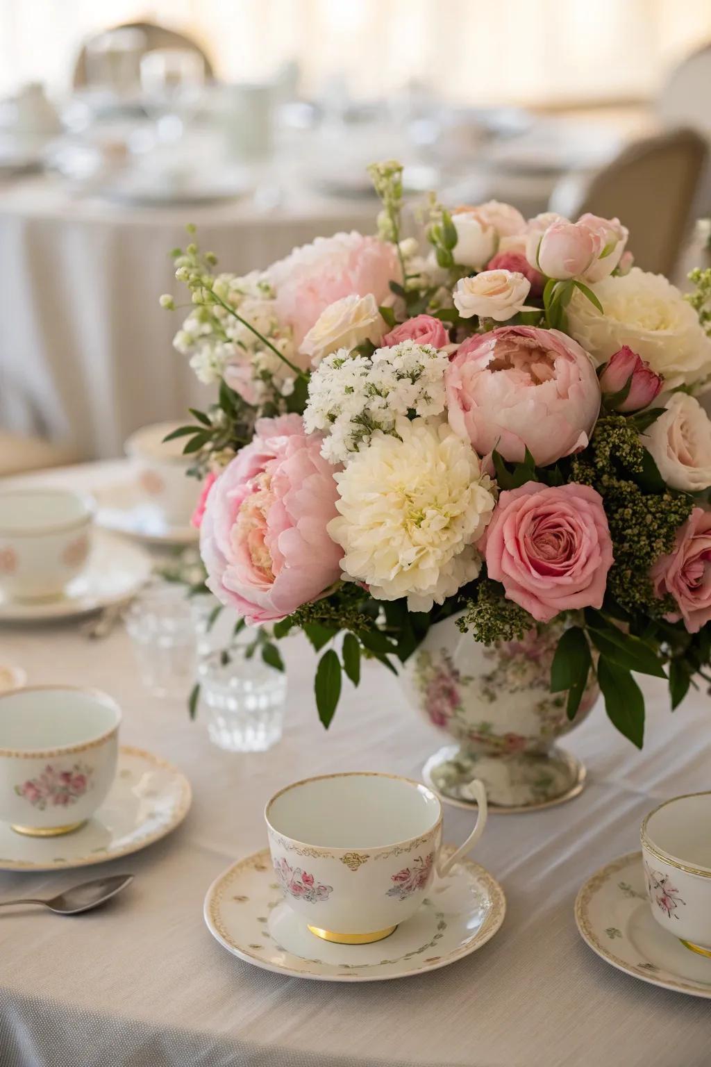 A floral centerpiece featuring peonies and roses enriches the tea gathering table.