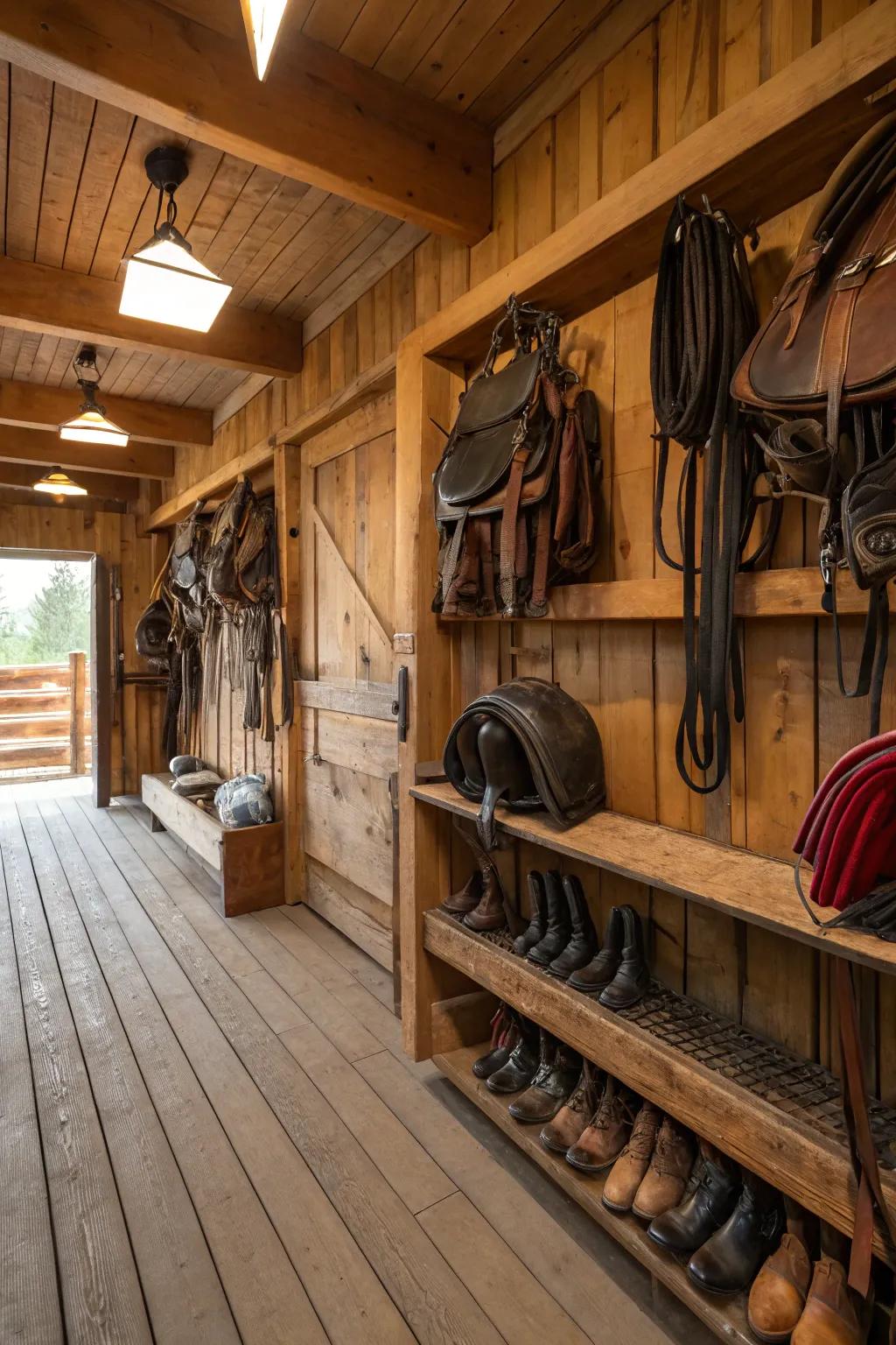 A country-inspired tack room showcasing salvaged wood finishes.