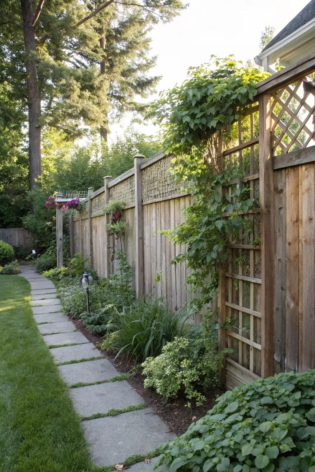 A high wooden fence adorned with trellises, enhancing both privacy and design.