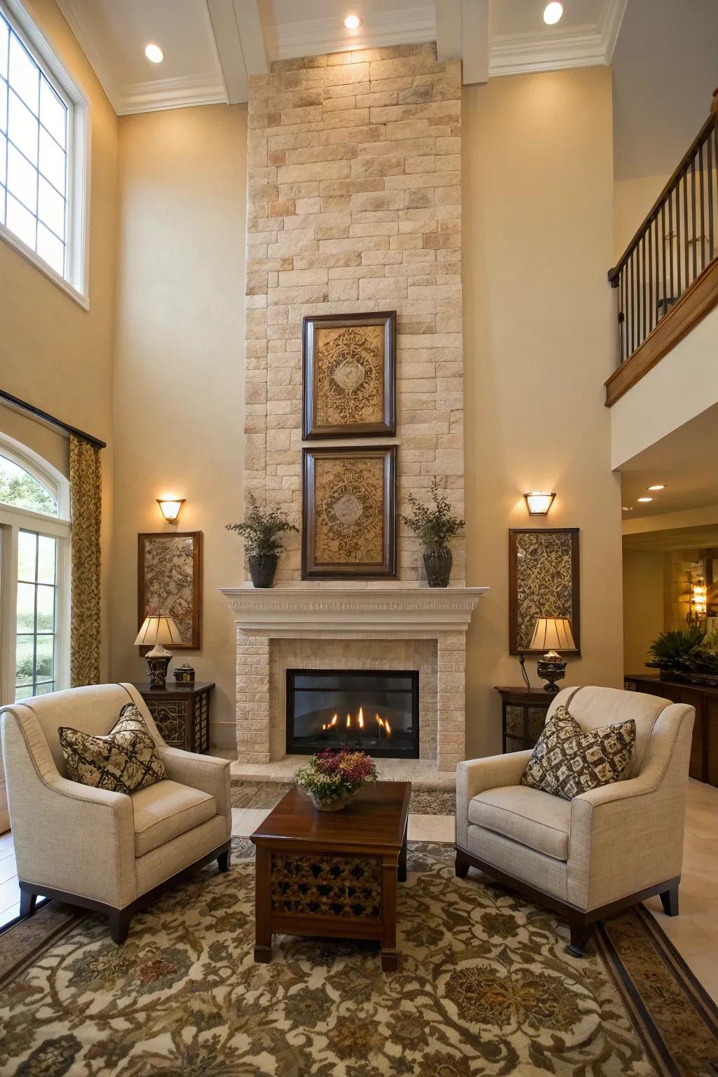Symmetrical design enhances the elegance of a tall fireplace.