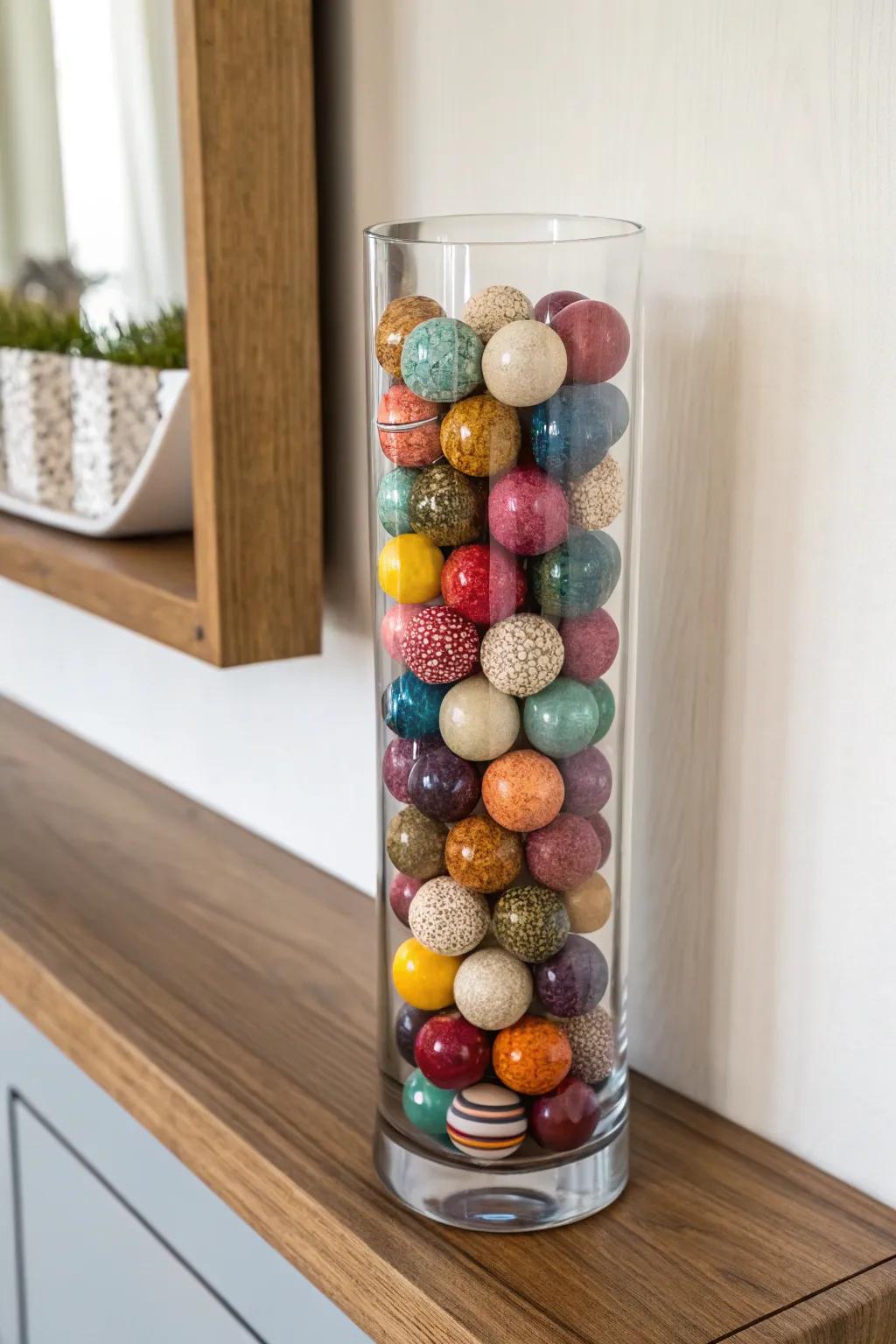 An elevated glass vase containing vibrant ornamental orbs, contributing an animated element to a minimalist display.