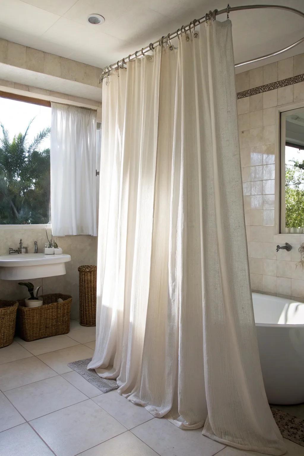 Floor-sweeping shower curtains make your bathroom appear taller and more refined.