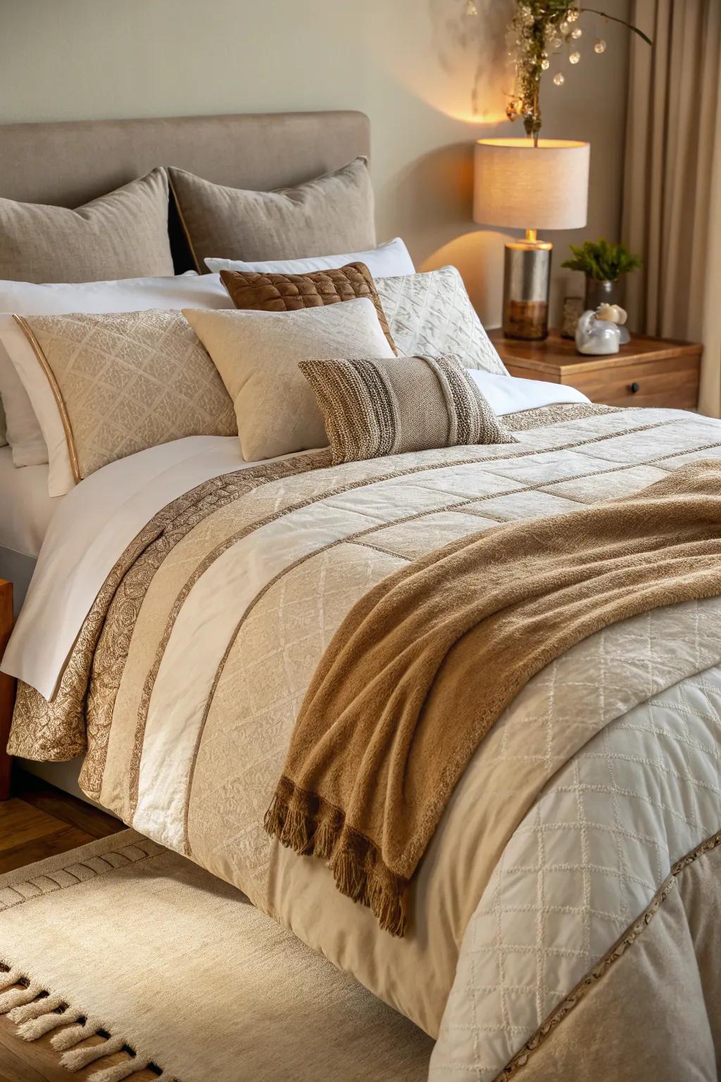 Tan and beige bedding layers give a warm and inviting base.