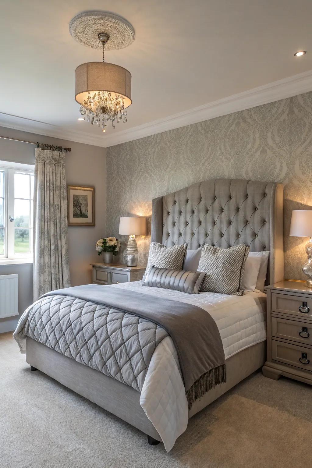 A serene bedroom featuring soft brown walls and grey accents.