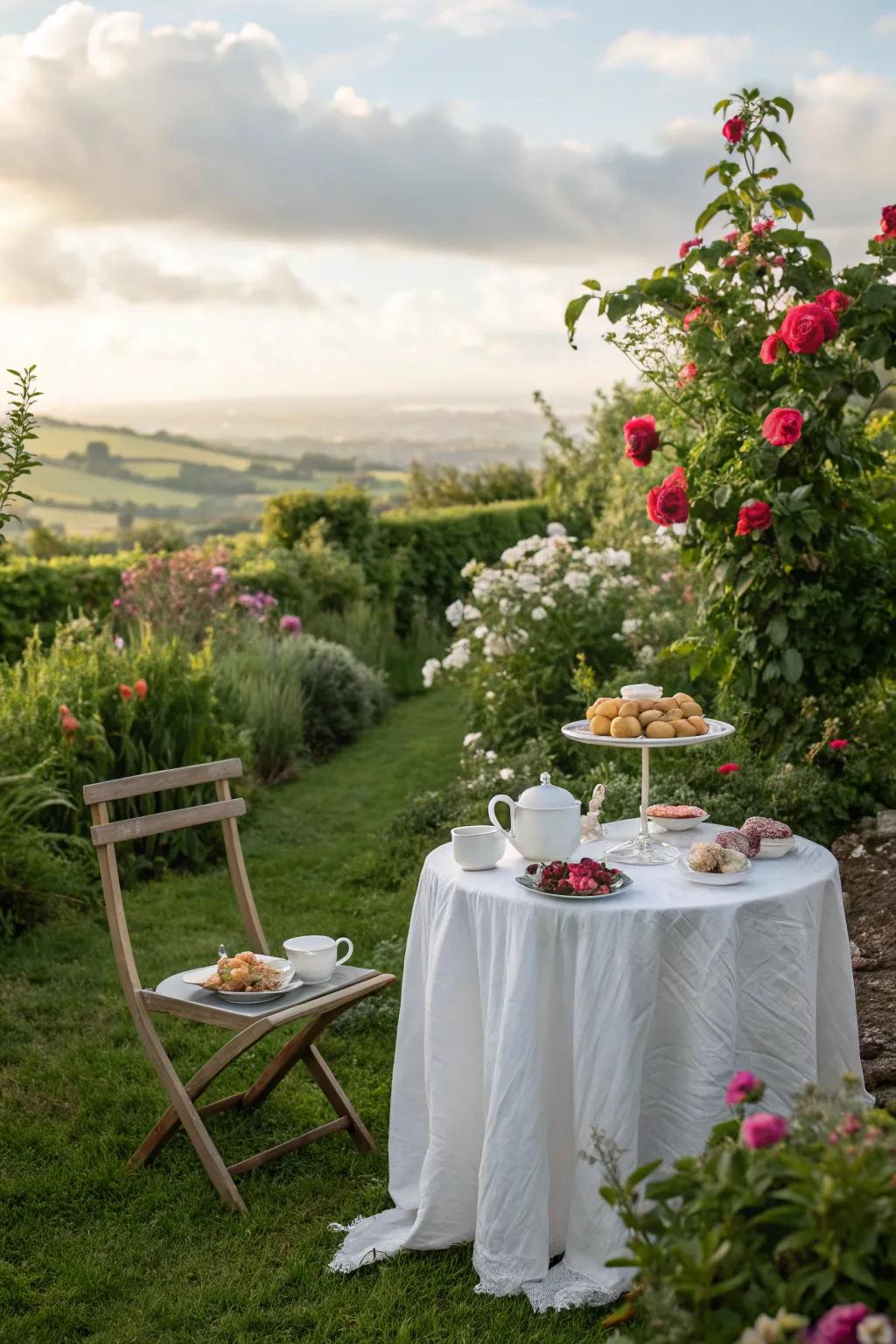 A garden tea party scene radiating charm and sophistication.