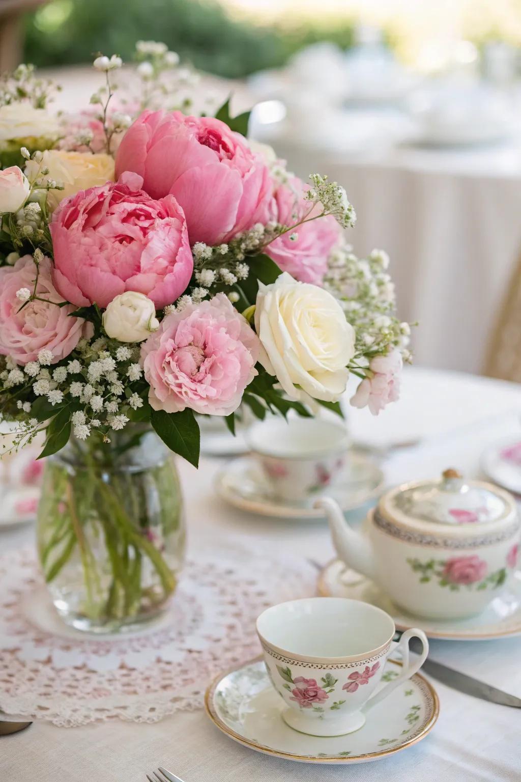 An attractive floral centerpiece showcasing white roses and pink peonies.