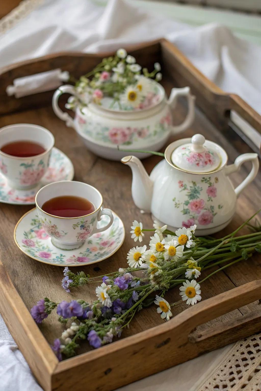 A classic floral tea set gracefully presented on a rustic platter.
