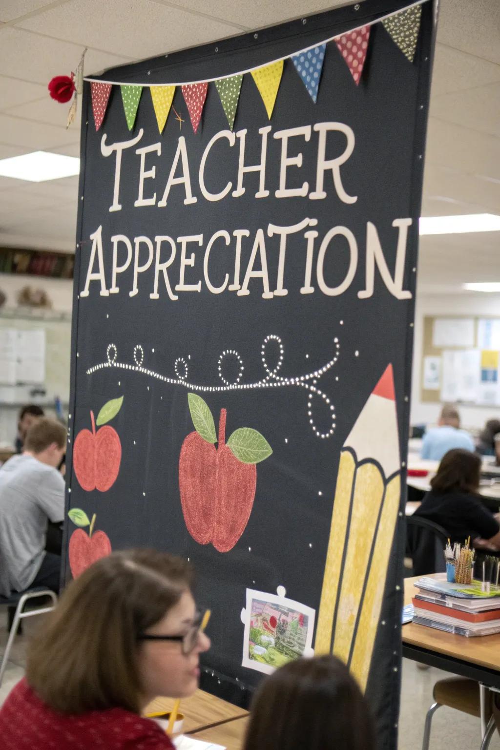 A classic chalkboard-style banner with apple and pencil decorations displayed in a classroom.