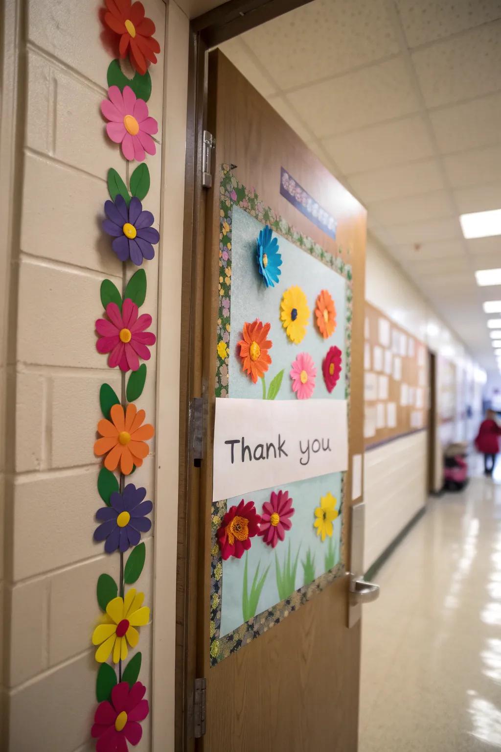 A 'blooming' expression of gratitude with vibrant blossoms adorning a classroom door.