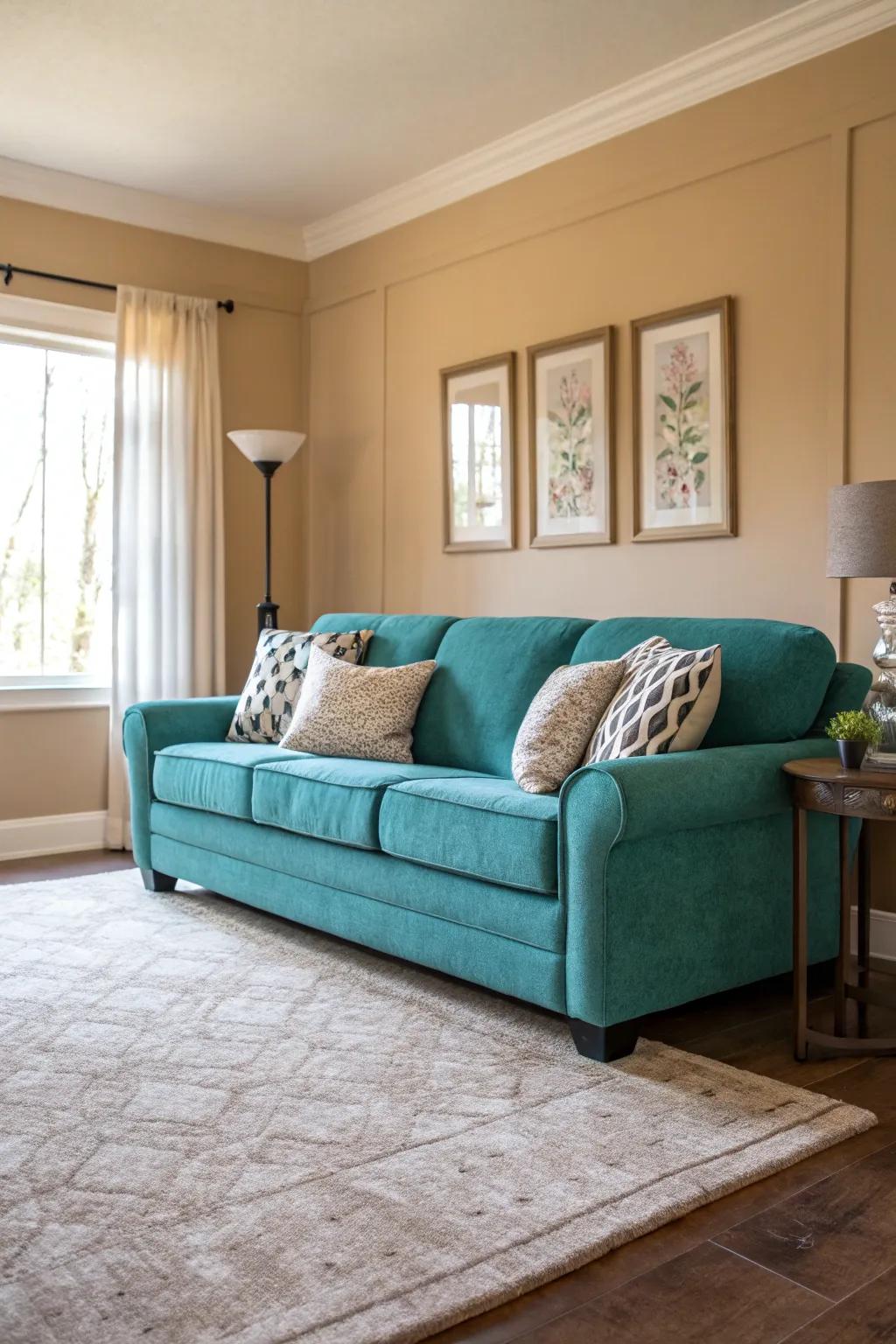 A gentle neutral palette beautifully tames the exuberance of a teal settee.