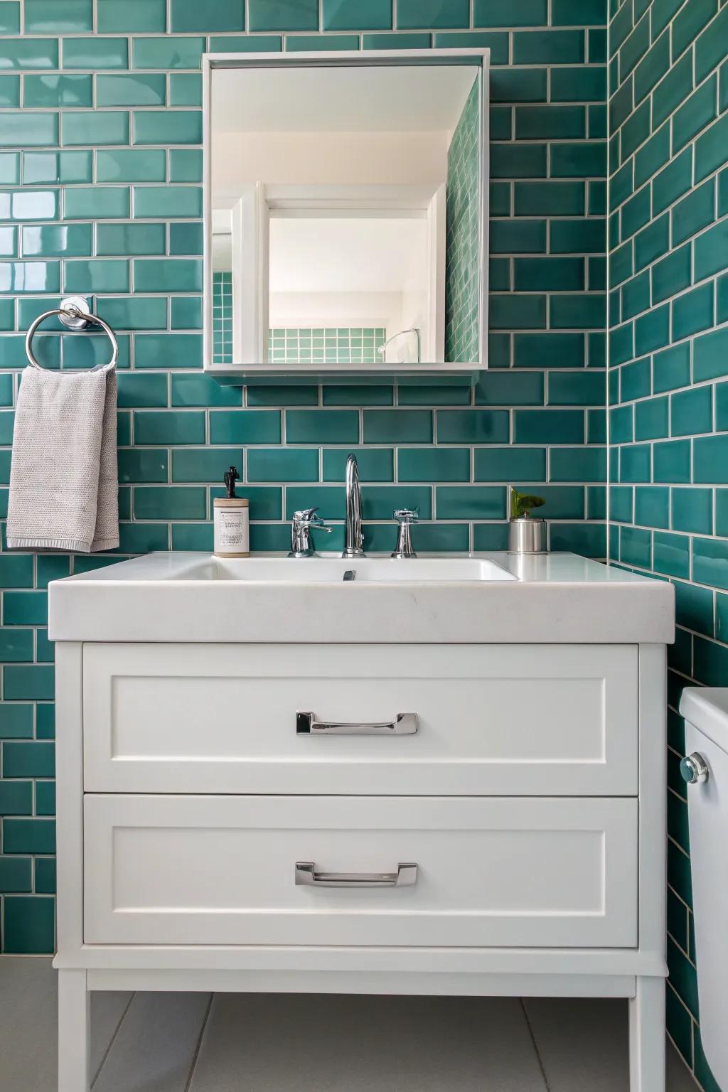 Teal brick tiles present a contemporary interpretation of a traditional bathing space layout.