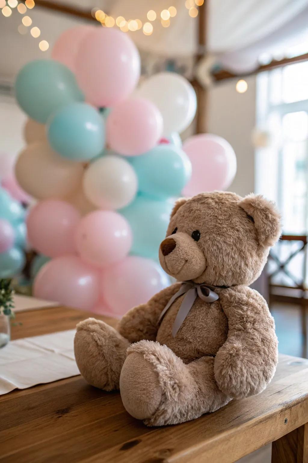 A cuddly bear displaying pastel balloons creates a whimsical centerpiece.