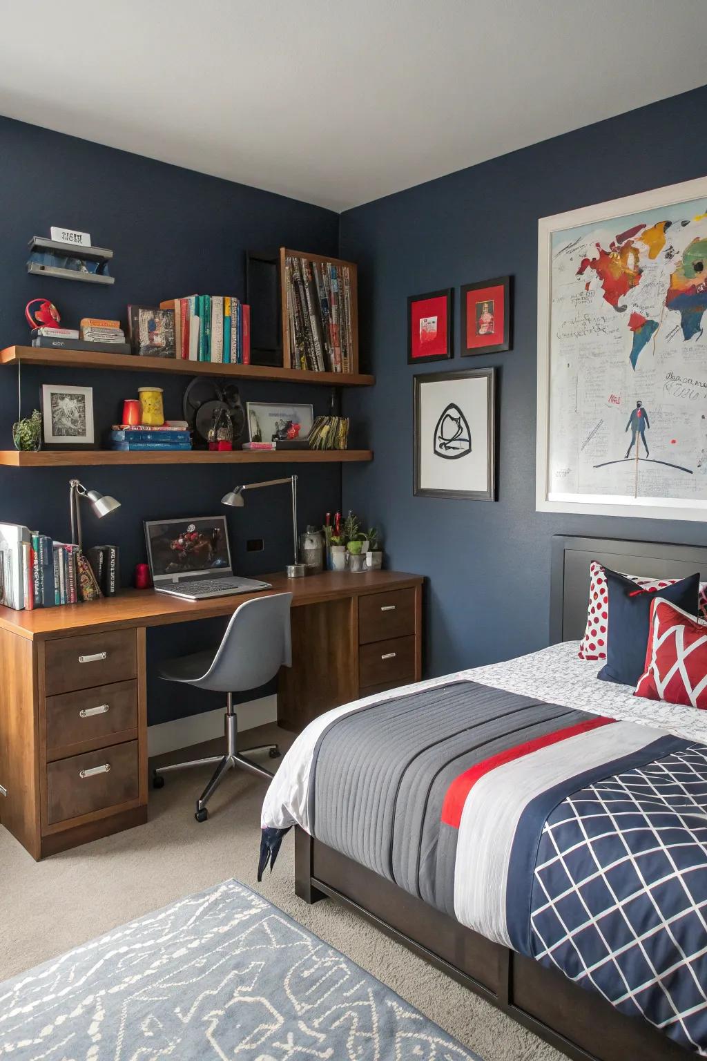 A teen boy's room showcases striking navy walls, enhancing its sophistication and personal charm.