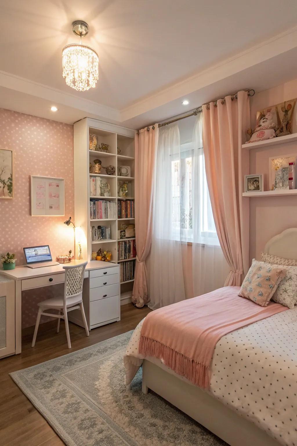 A serene teen girl bedroom showcasing gentle hues for a calming atmosphere.