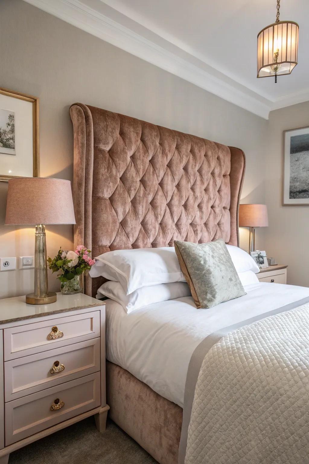 A rose gold headboard can be a transformative focal point.