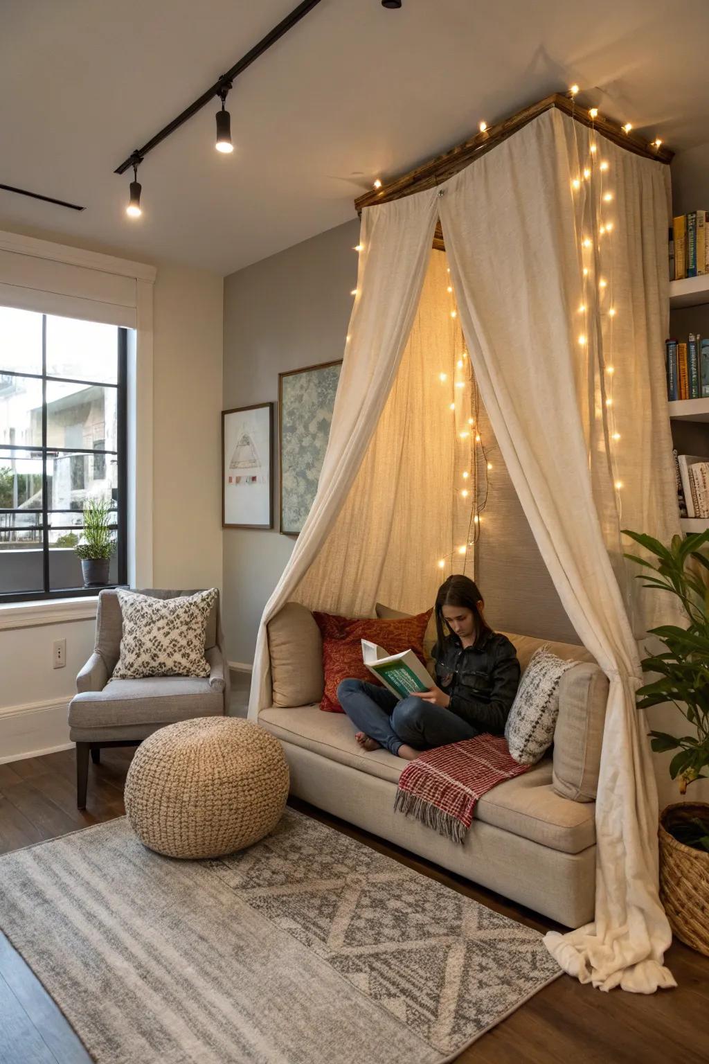 Textile hangings form a private reading space within a modern living area.
