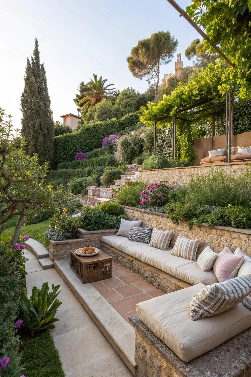 A terraced garden showcasing a welcoming seating area with plush cushions, ideal for unwinding.