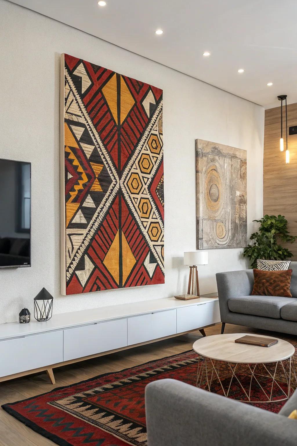 This chic living room gains a modern edge from a striking piece of geometric textured art.