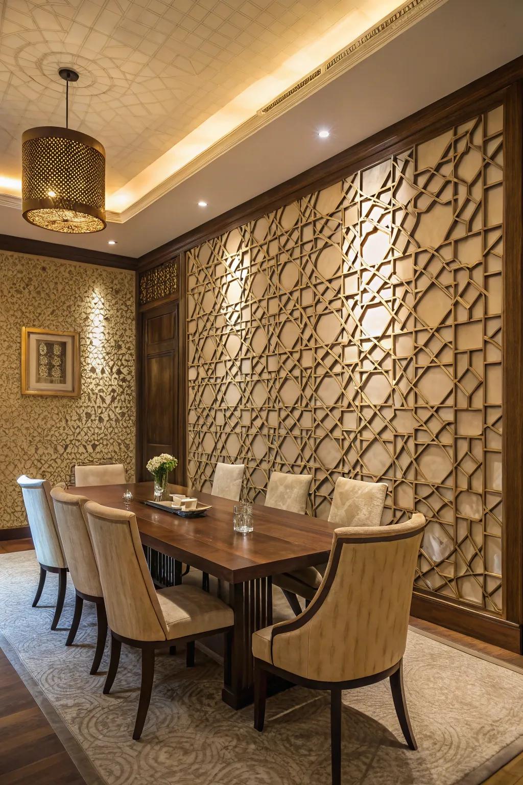 A dining area transformed with a striking geometric textured wall.