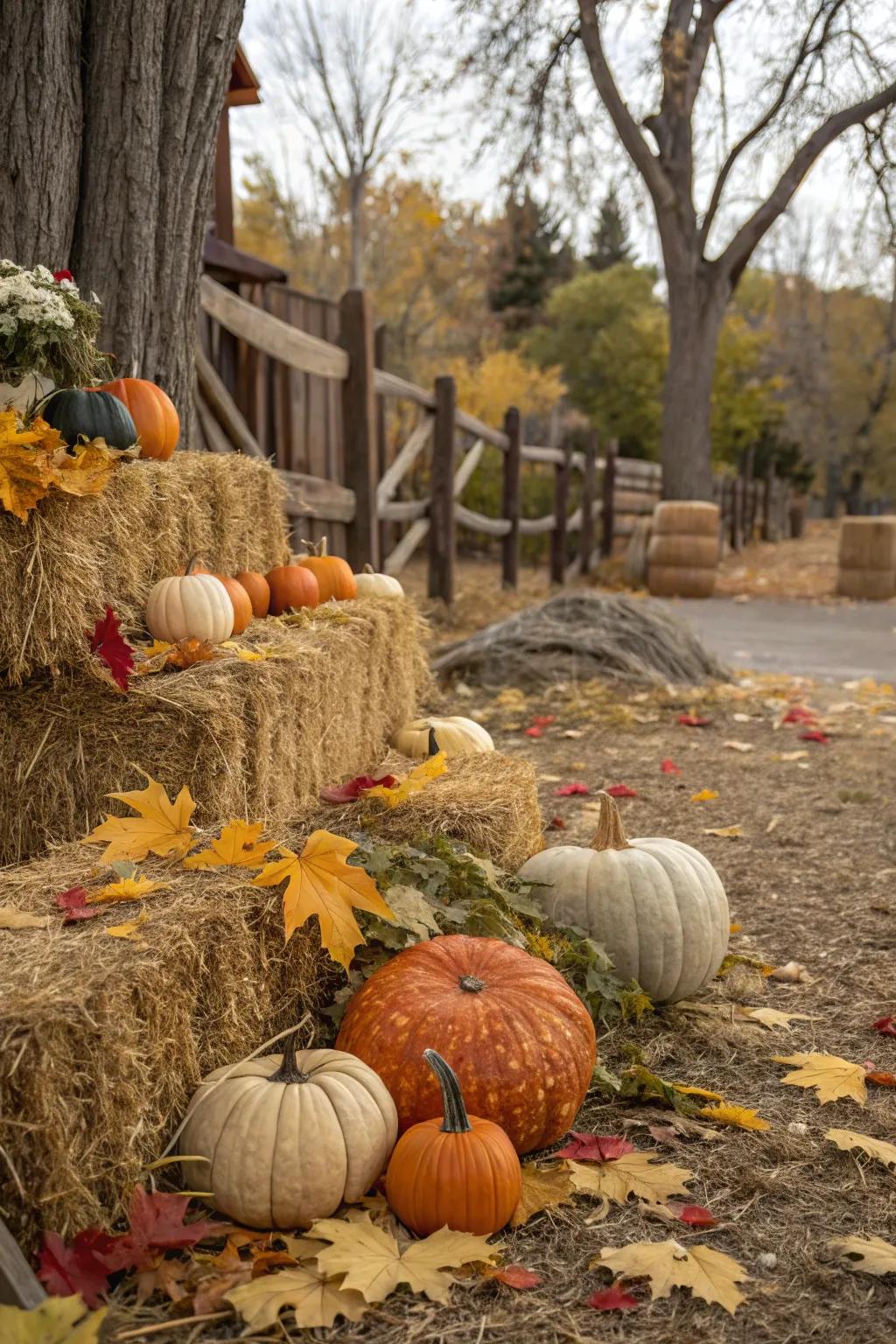 Produce a warm harvest scene utilizing pumpkins and straw stacks.