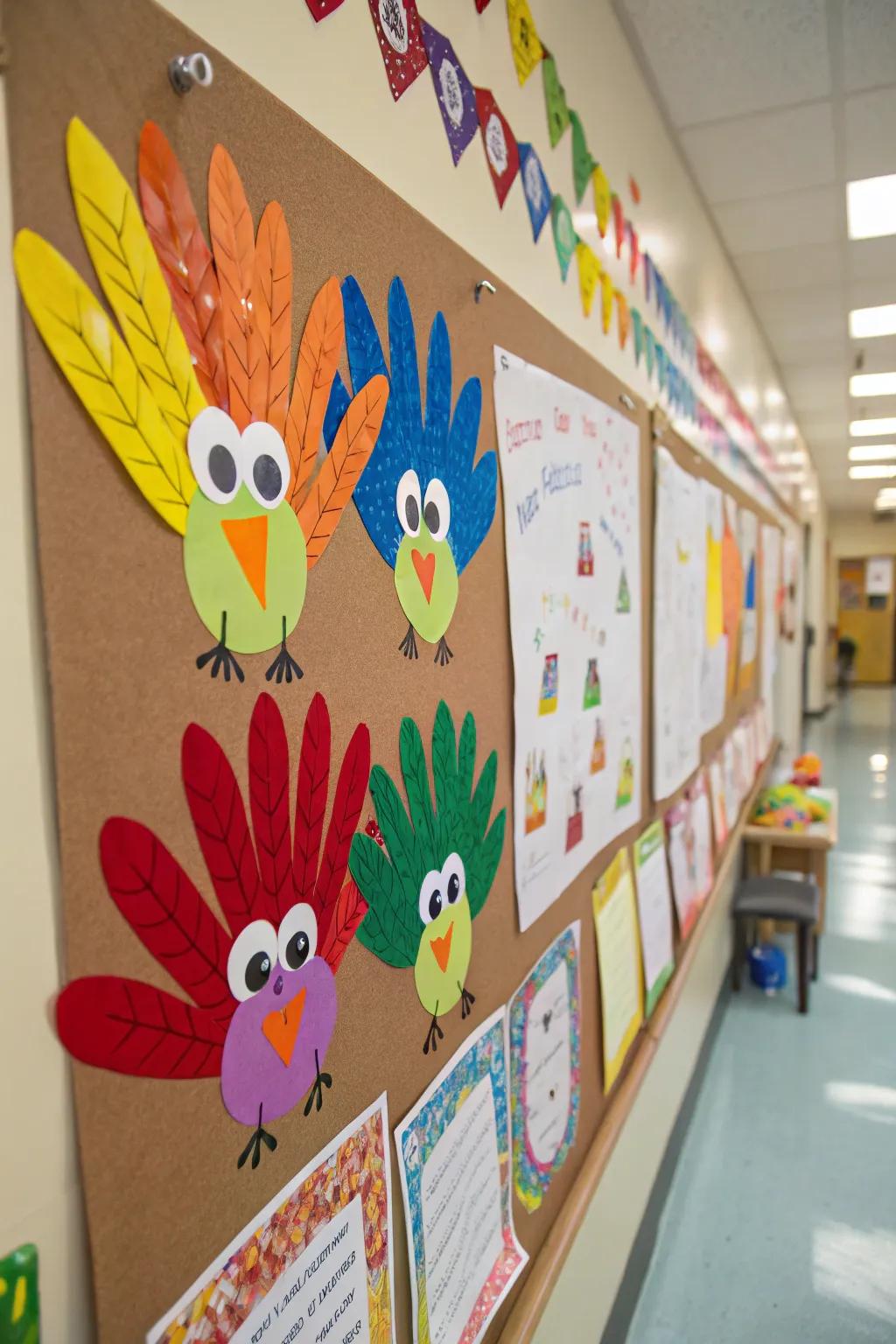 A delightful array of little hand turkeys fashioned by preschoolers.
