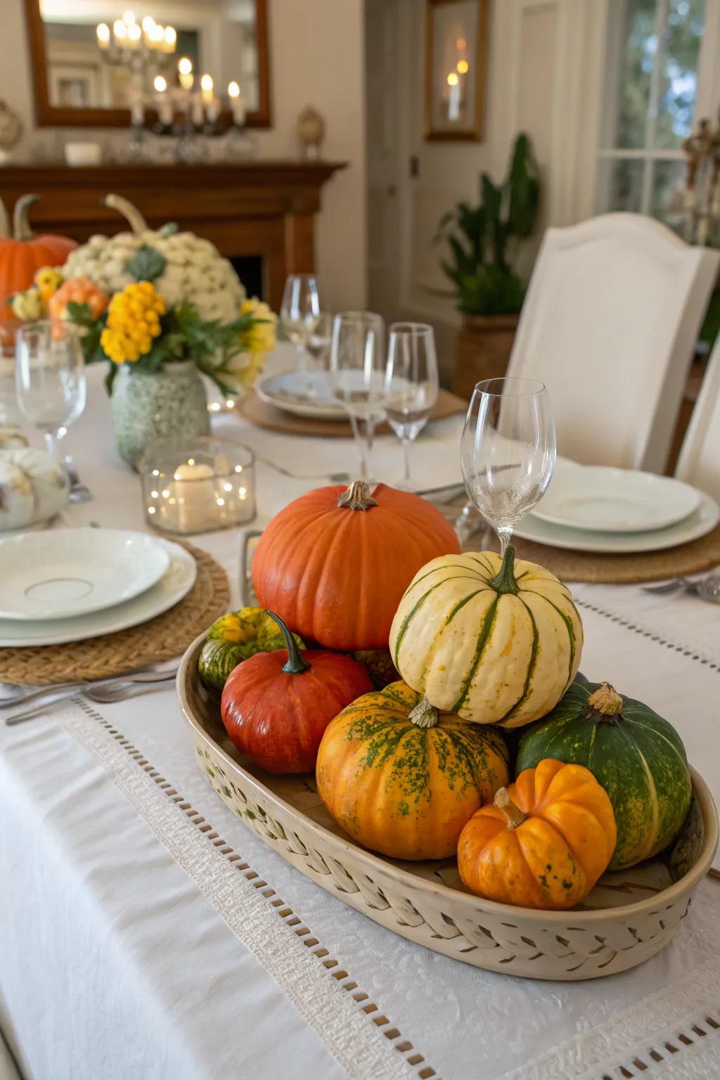 A combination of ivory and tangerine gourds crafts an exquisite centerpiece.