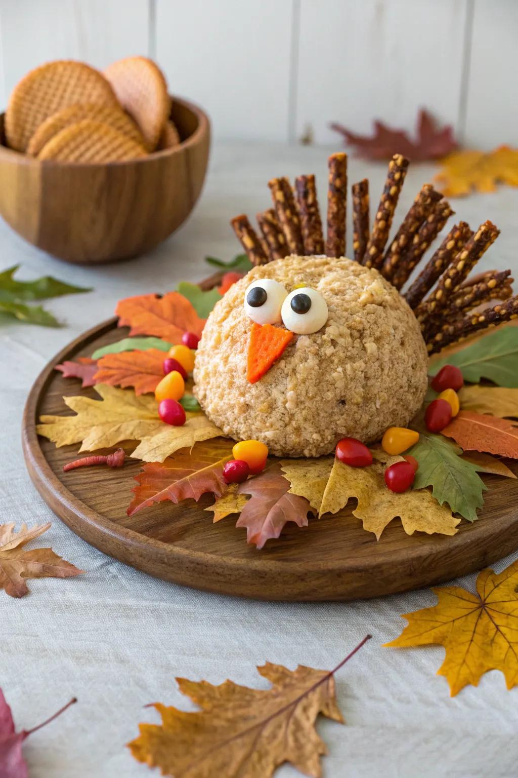 A classic turkey cheese ball adorned with pretzel feathers.