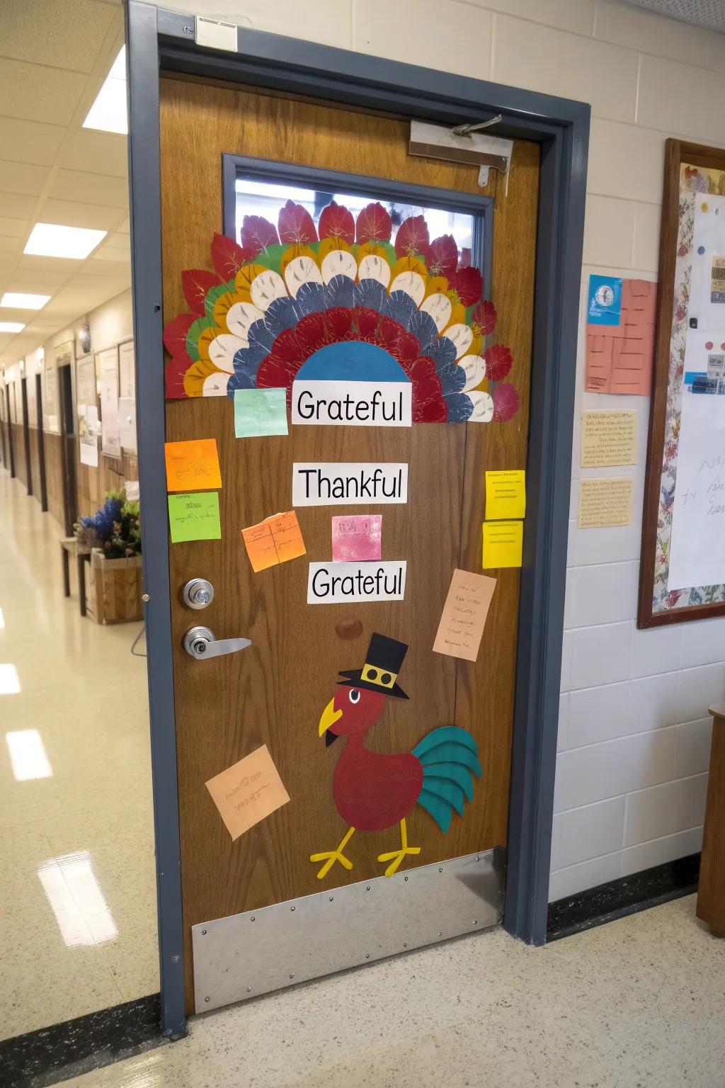 A Turkey of Gratitude display, adorned with feathers carrying messages of gratitude from each student.