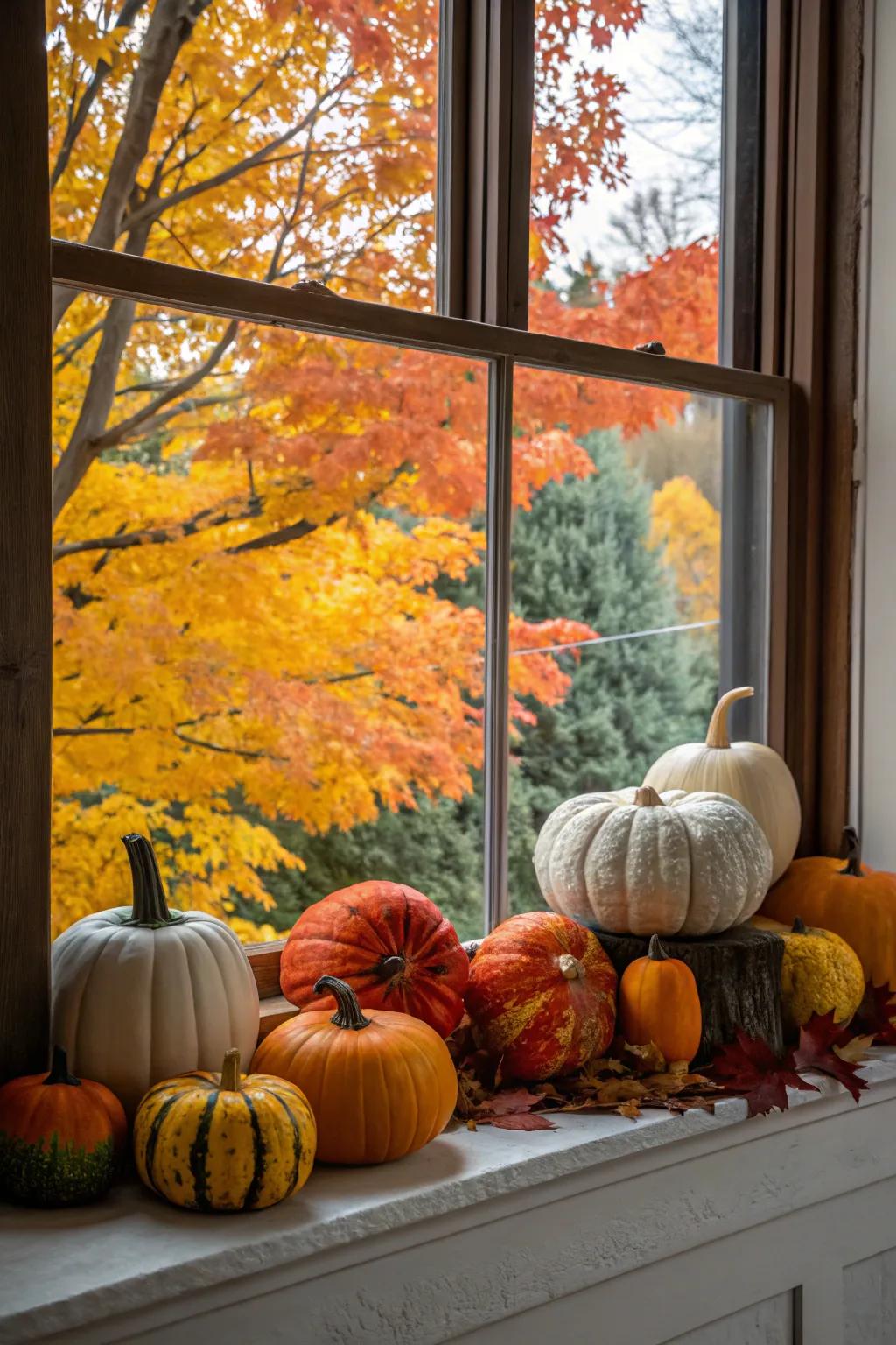A mantel decorated with an exciting mix of hand-painted and natural pumpkins.
