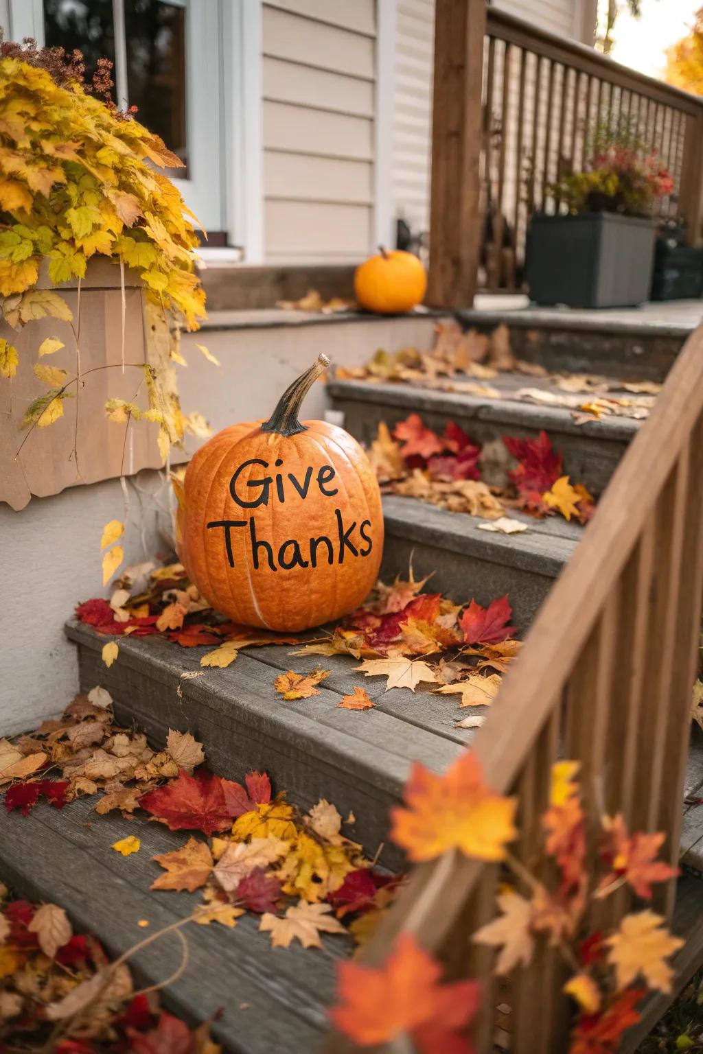 A gracefully carved pumpkin bearing a loving Thanksgiving message.