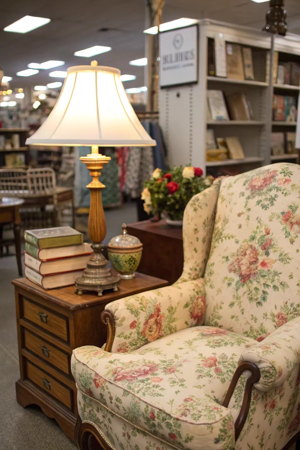 A comfortable reading nook conceived with thrift store discoveries.