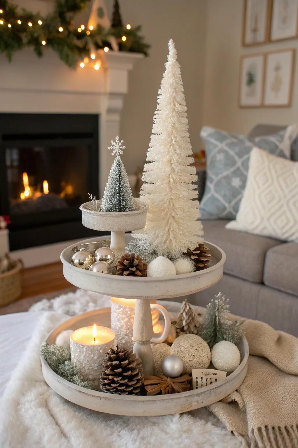 A gorgeously styled winter-themed tiered tray radiates warmth in the living space.