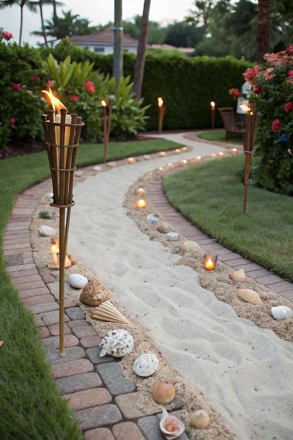Design a coastal-inspired path with fire poles and seashells.