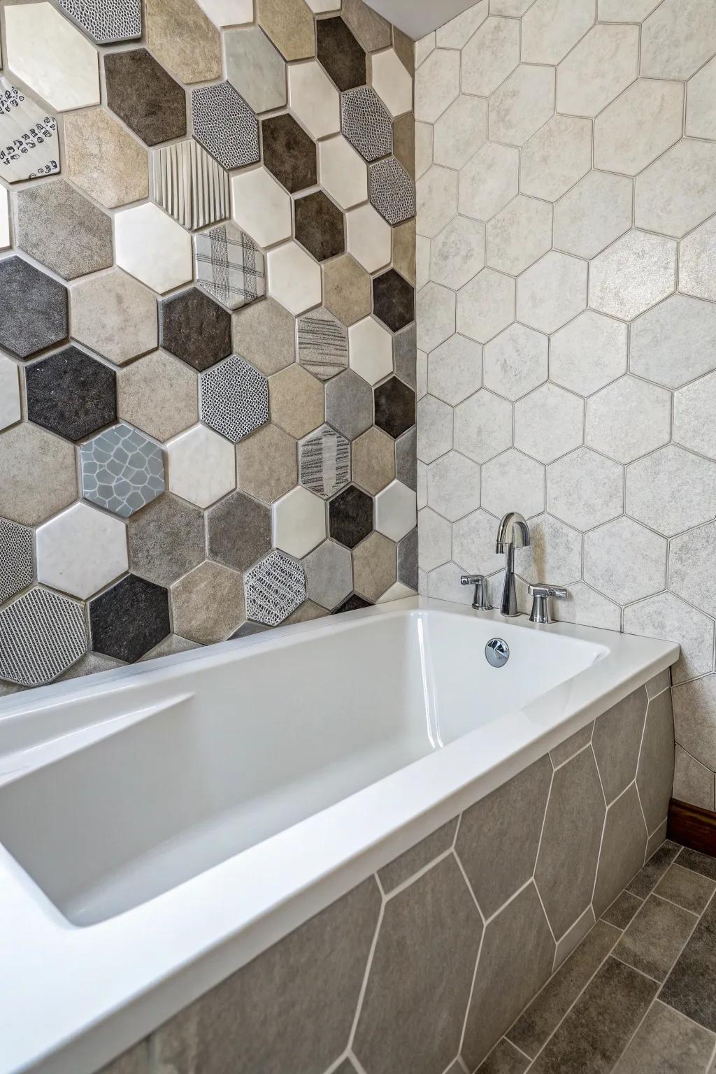 Hexagonal tiles add a modern geometric flair to any bathtub space.