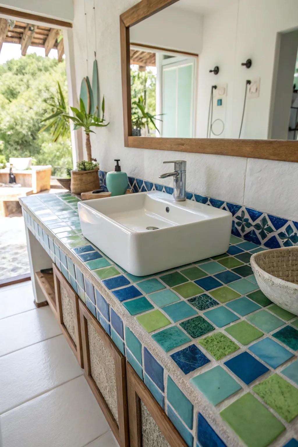 A delightful burst of color with radiant blue and green tiles.
