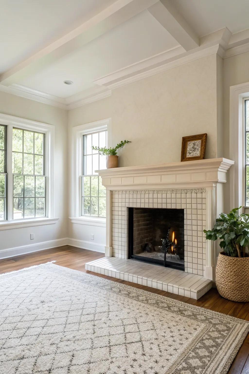 A minimalist fireplace featuring sharp lines and neutral tones evokes a tranquil ambiance.