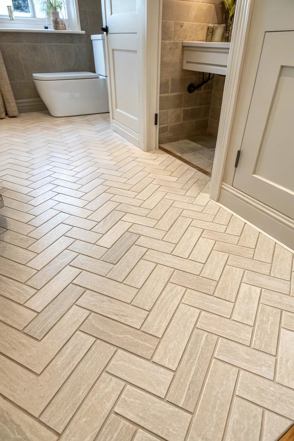 An elegant herringbone arrangement brings ageless style to this washroom floor.