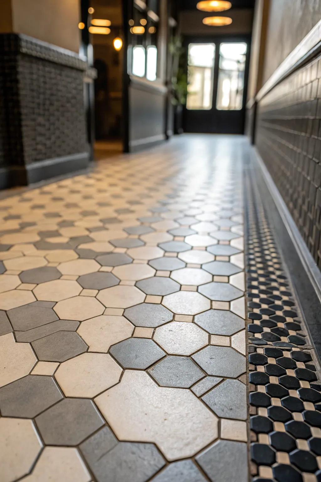 Hexagonal tiles create a captivating transition in this modern space.