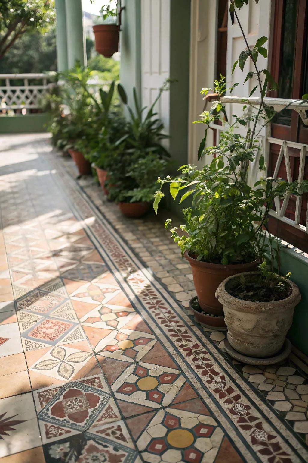 The nostalgic charm of vintage patterned tiles graces this inviting porch.