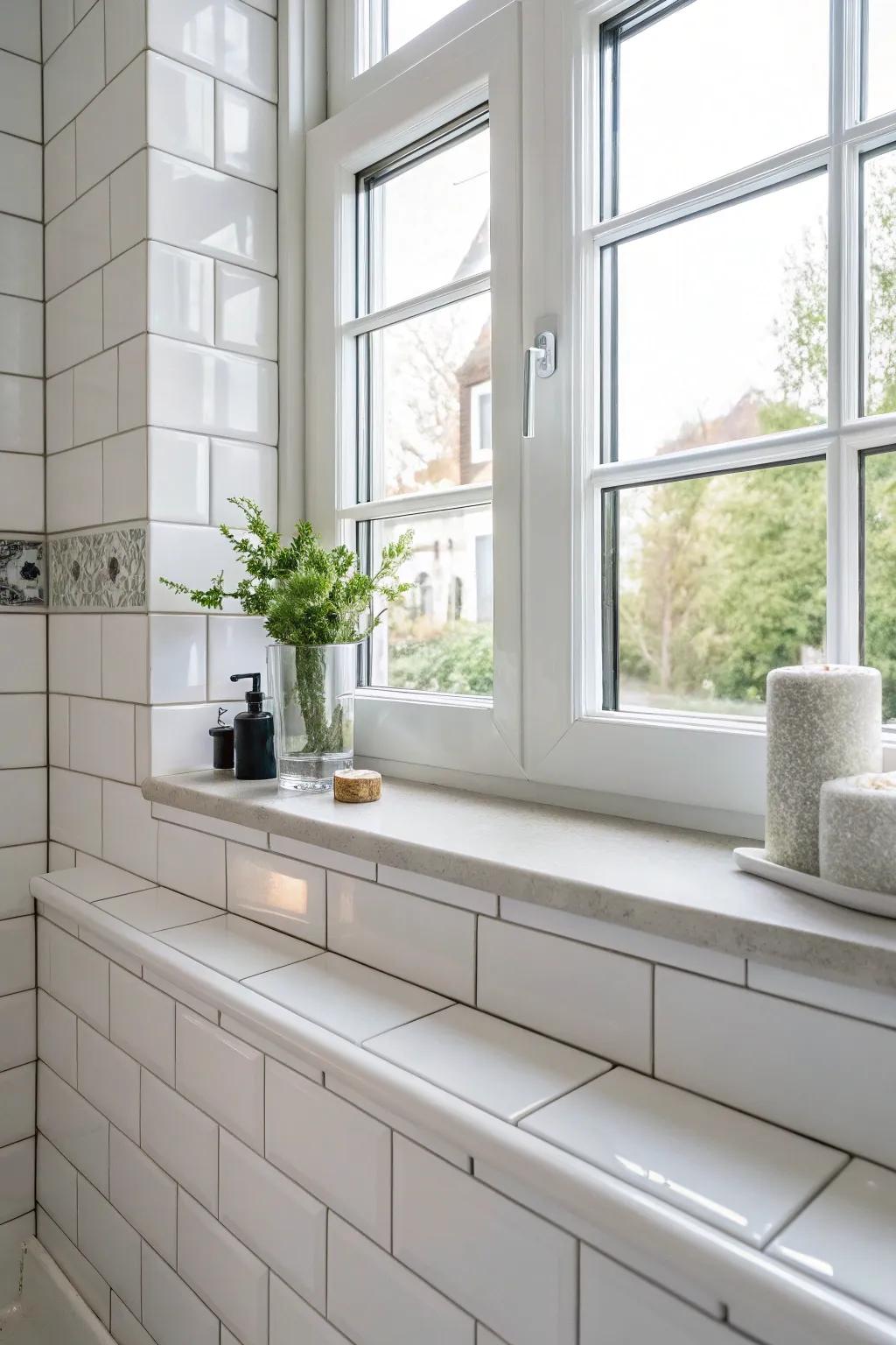 Classic white ceramic tiles bring a lasting sophistication to this bathroom windowsill.