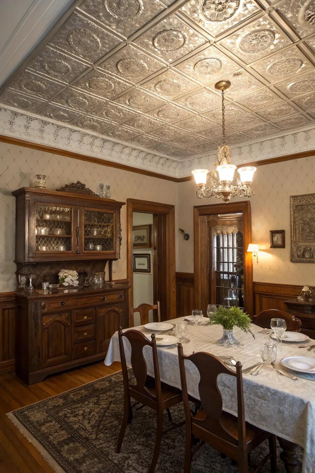 A dining area revitalized with a classic metallic ceiling.