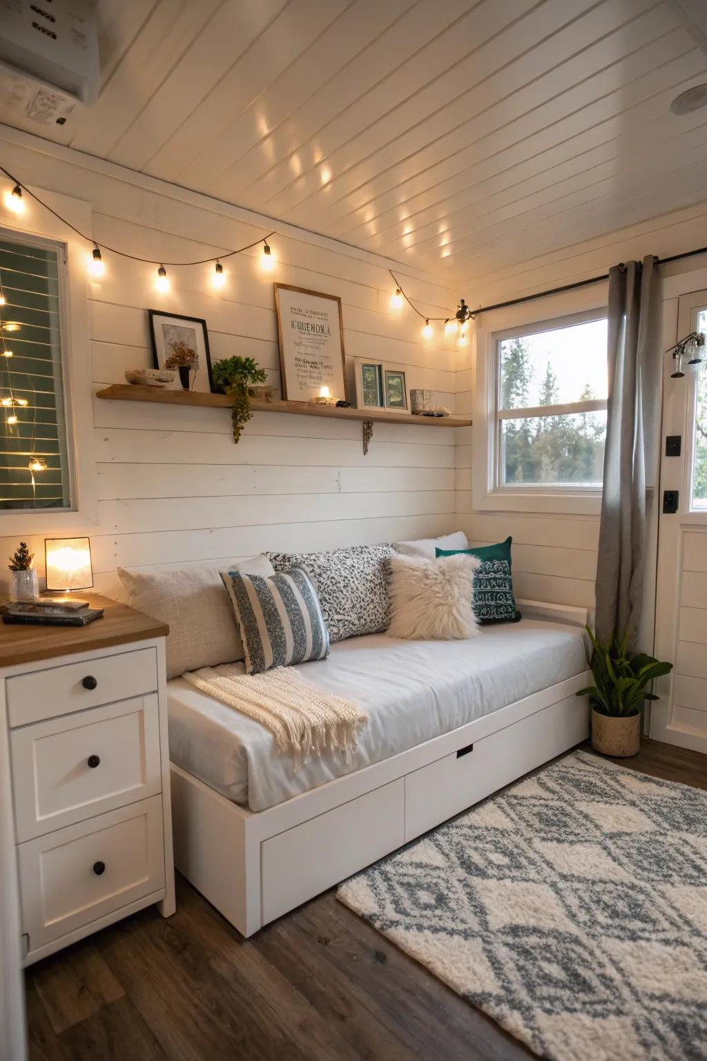 A multi-purpose pull-out couch that easily switches a sleeping space into a living area.