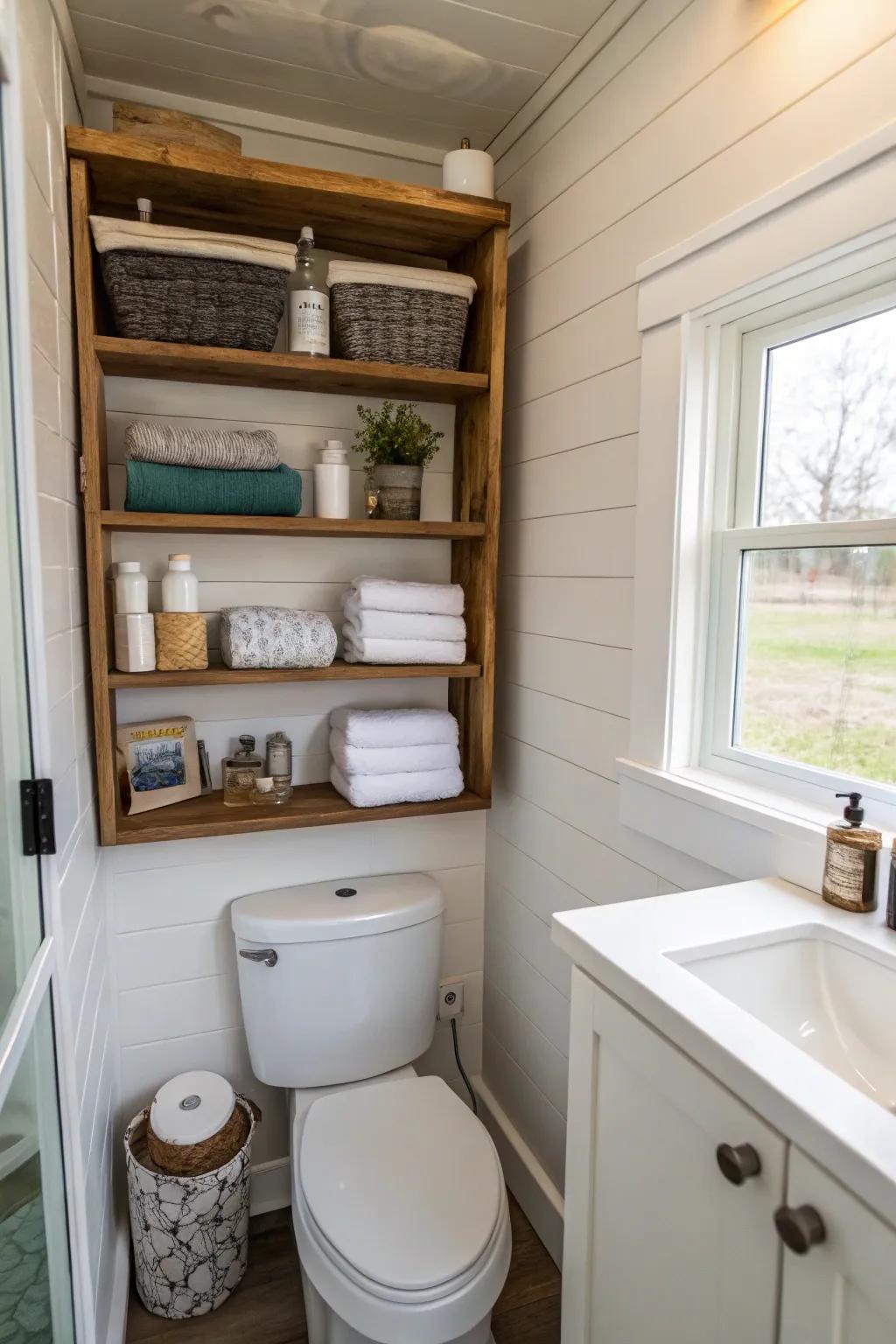 Using vertical storage transforms every inch into functional space in this compact bathroom.