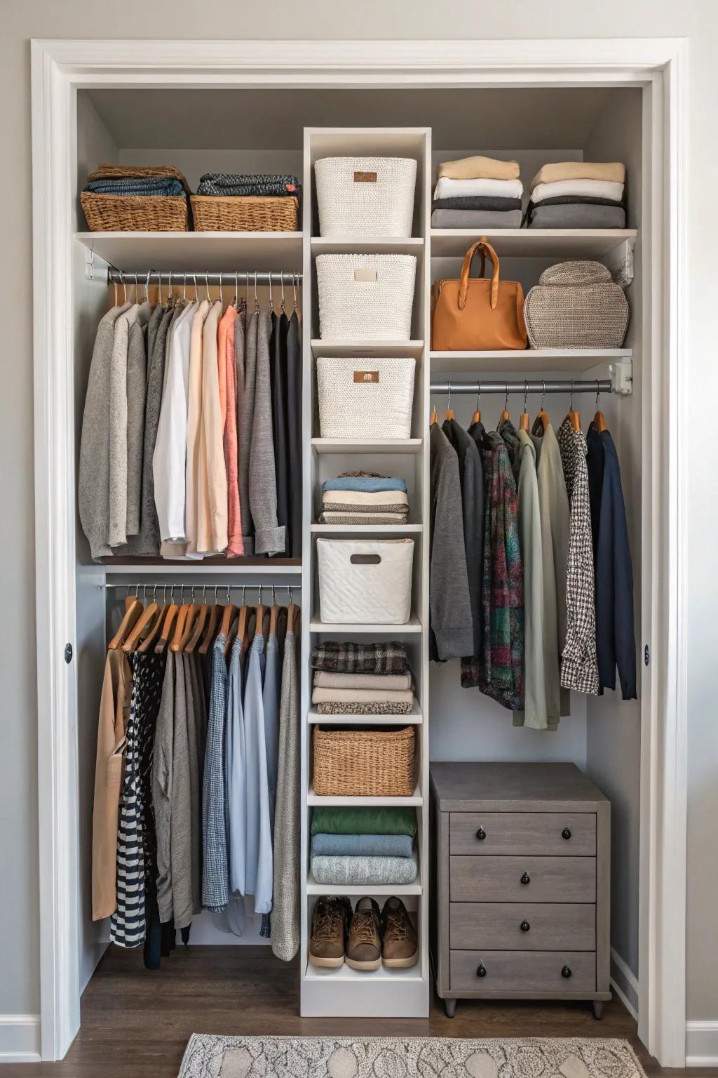 Vertical organization transforms your closet into a spacious retreat.